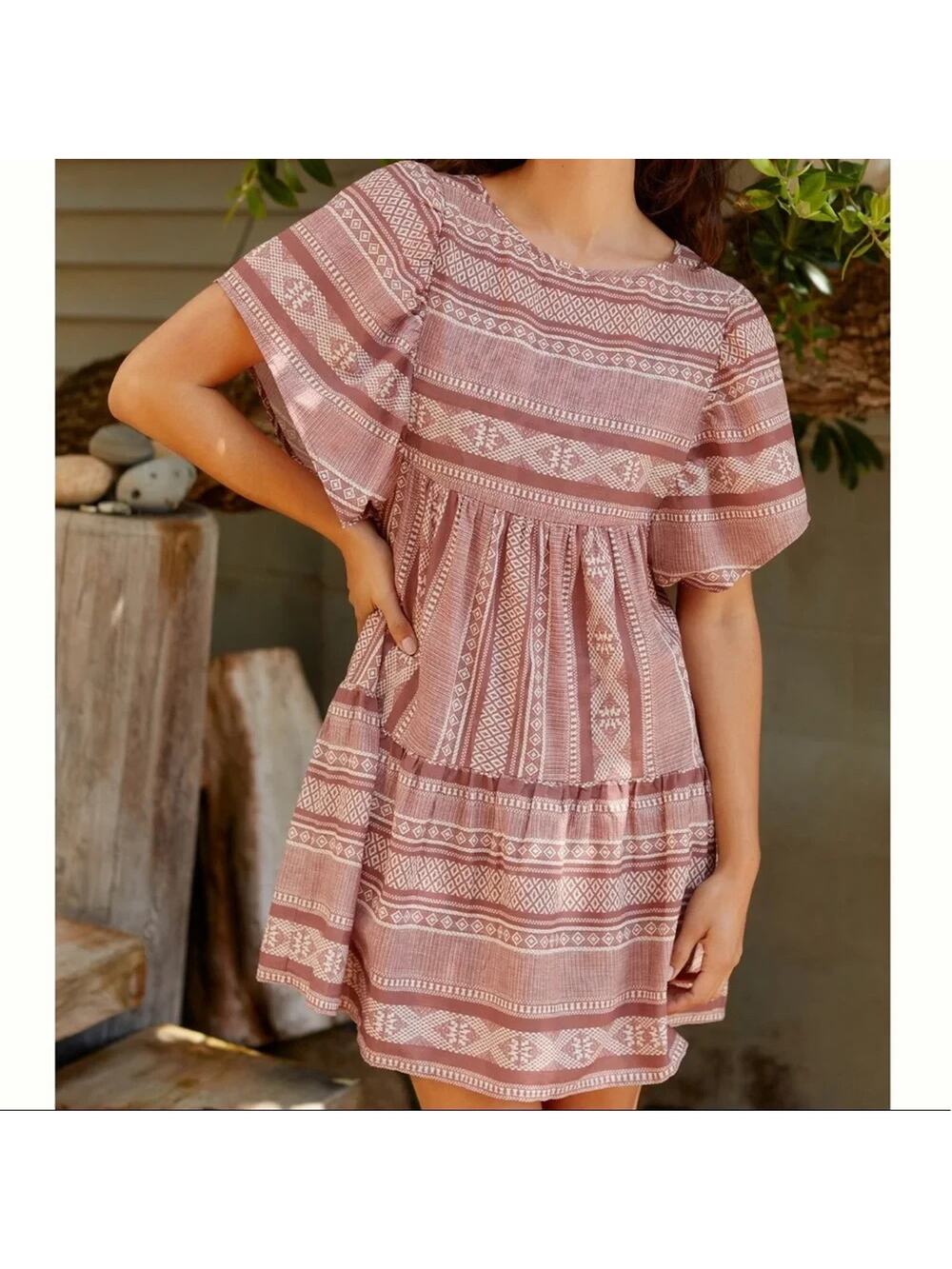 Anthropologie Maeve Boho Tiered Stripe Mini Shift Dress Mauve Pink Small New